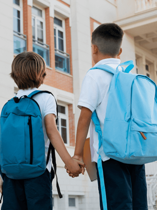 Back view of two students walking into school holding hands